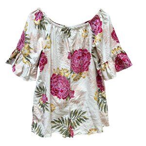 Billabong Romper Tropical Floral Fun for Now Bell Sleeves Ruffle Boho Cottage M‎